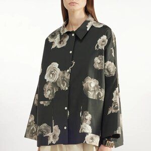 Liviana Conti Black Floral-Print Cotton-Poplin Oversized Shirt Jacket